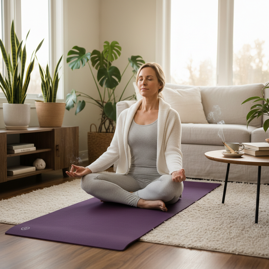 Mujer practicando yoga en casa sobre Esterilla Zen Movana