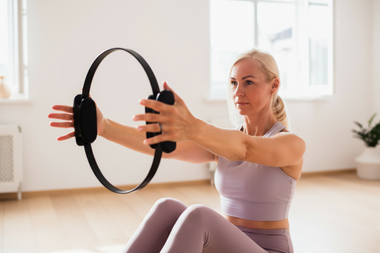 Mujer con aro de Pilates en colores Movana